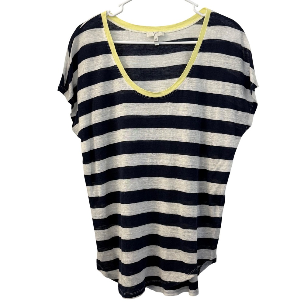 Joie 100% Linen Striped Short Sleeve Top Navy White Yellow J271-21003 Womens‎ XS